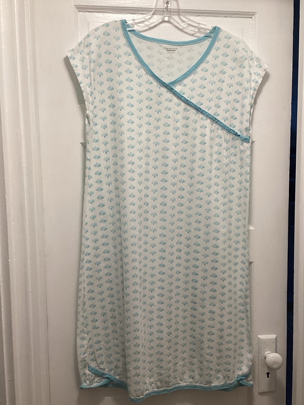 Garnet Hill White Nightgown with Aqua Trim and All-Over Aqua Motif